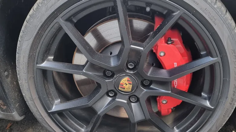 A wheel with red calipers