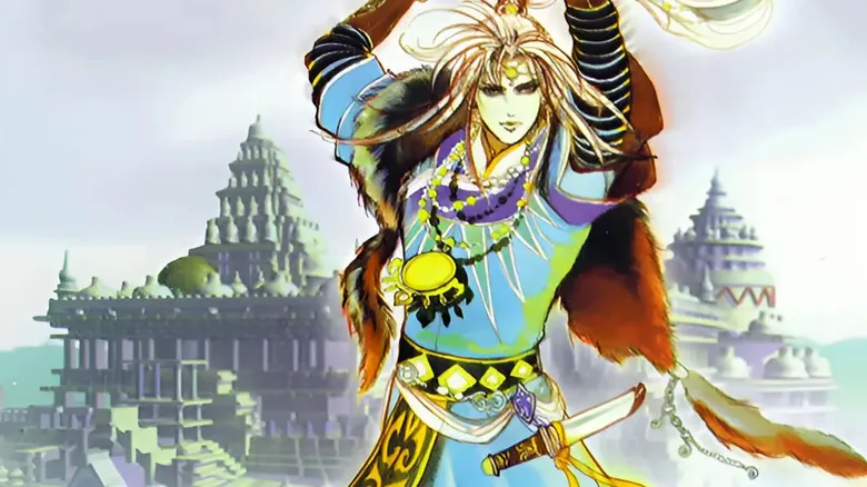 Blue raises a sword on the cover art for SaGa Frontier