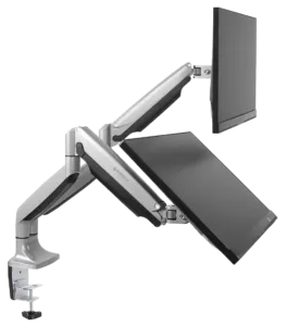 A dual monitor arm with two independent arms that attach into a hub in the edge clamp.