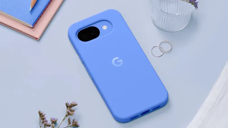 A blue Pixel 10a lying flat on a table