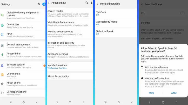 Disabling accessibility access for Select to Speak on Android