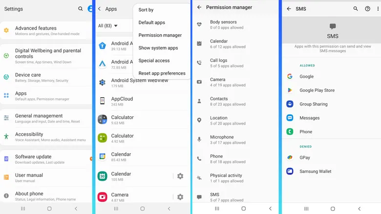 Reconfiguring app permissions for contacts and SMS on Android