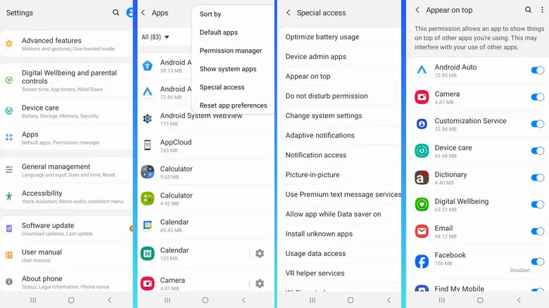 Configuring overlay acess or appear on top permissions on Samsung phone