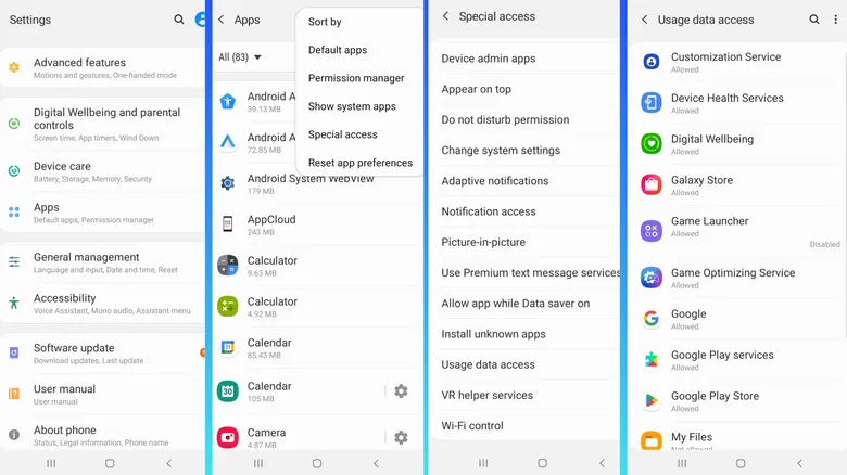Configuring usage data access permissions for apps on Android smartphone