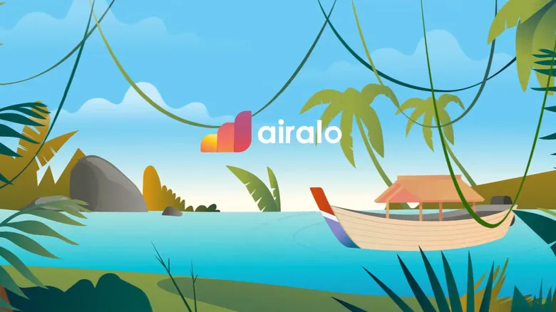 Airalo eSIM illustration showing tropical island scene with boat and brand logo.