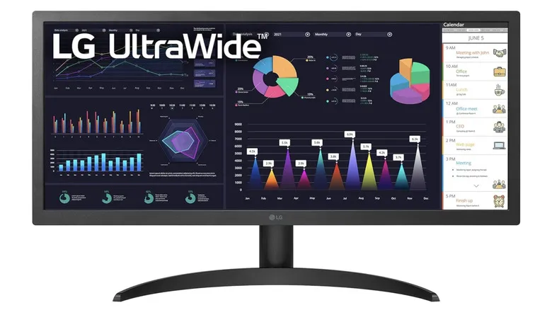 LG UltraWide 26WQ500-B monitor showing charts and graphics on screen.