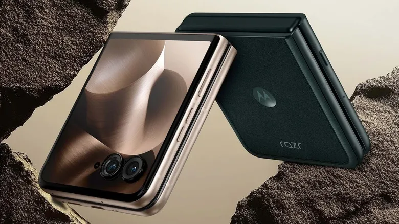 Two Motorola Razr Ultra phones against a rocky background