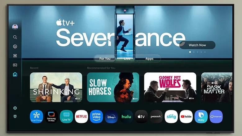 Samsung QN90F TV displaying Apple TV+ interface and streaming apps.