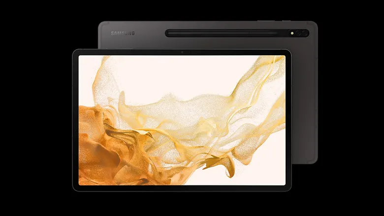 Samsung Galaxy Tab S8 tablet shown from front and back with display on
