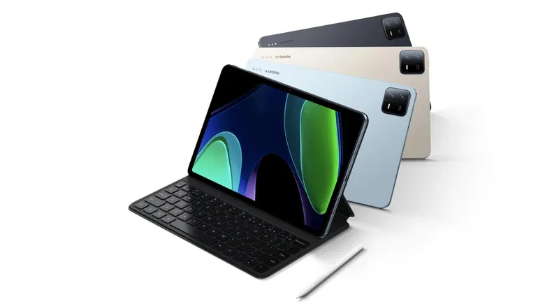 Xiaomi Pad 6 with keyboard and stylus shown alongside multiple color variants