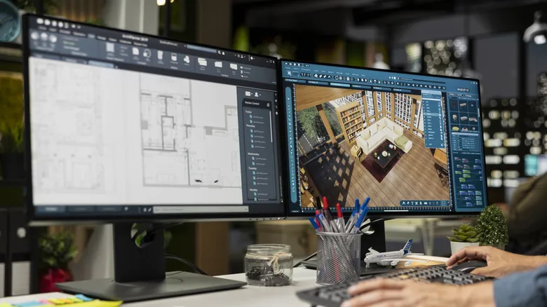 Dual monitor setup showing floor plan and 3D interior design software