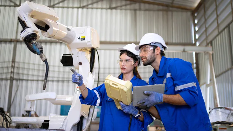 Blue-collar workers working alongside automated robotics