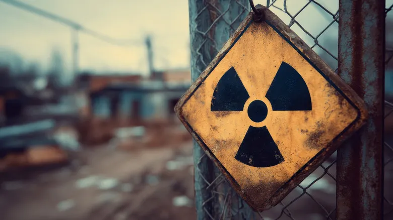 Close-up of radiation symbol sign on fence