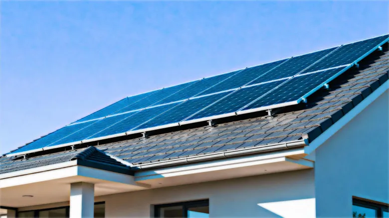 Solar panels on a rooftop facing the sun.
