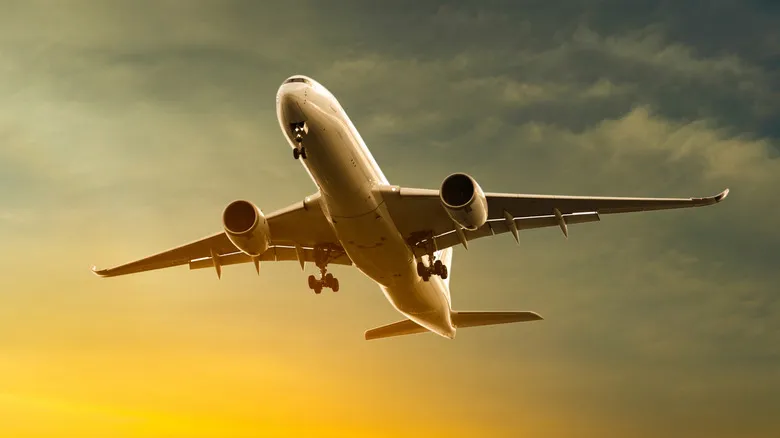 passenger jet flying at sunset