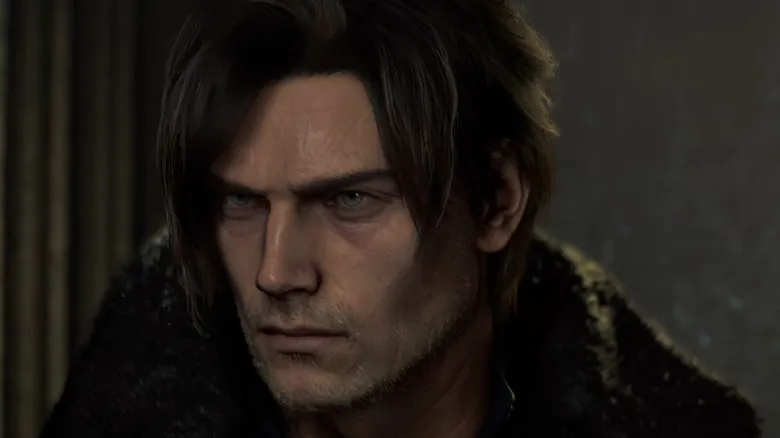 Leon Kennedy with a hard, intense expression as seen in Resident Evil Requiem.