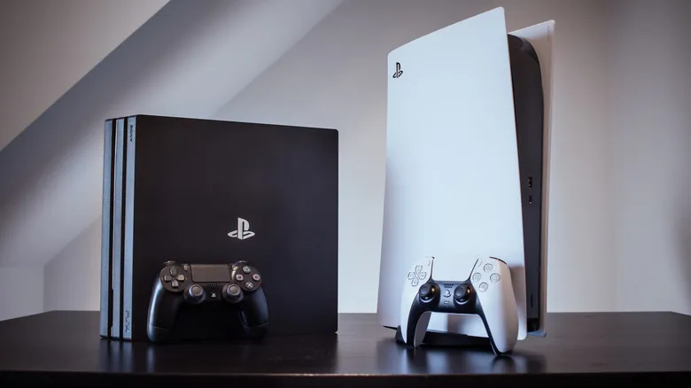 PlayStation 4 Pro and PlayStation 5 consoles with controllers.