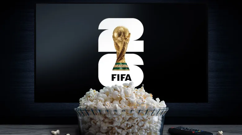 The FIFA logo displayed on a screen behind a bowl of popcorn