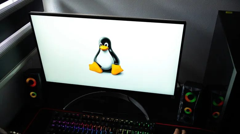 A computer with Tux, the Linux mascot, on screen
