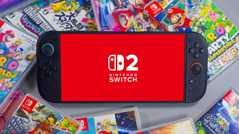A Nintendo Switch 2 console surrounded by physical game cases