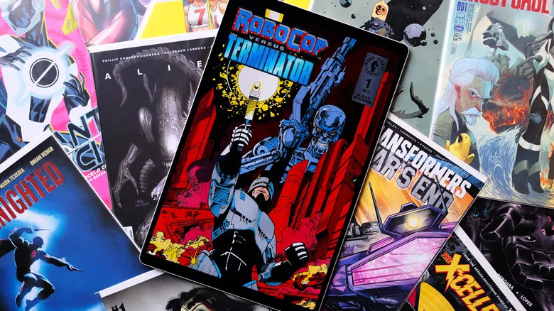 Image of Robocop versus Terminator cover on tablet