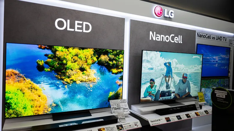 An LG OLED TV display at an electronics store