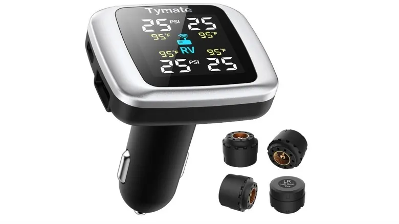 Tymate Tire Pressure Monitoring System with a digital display and four external sensors.