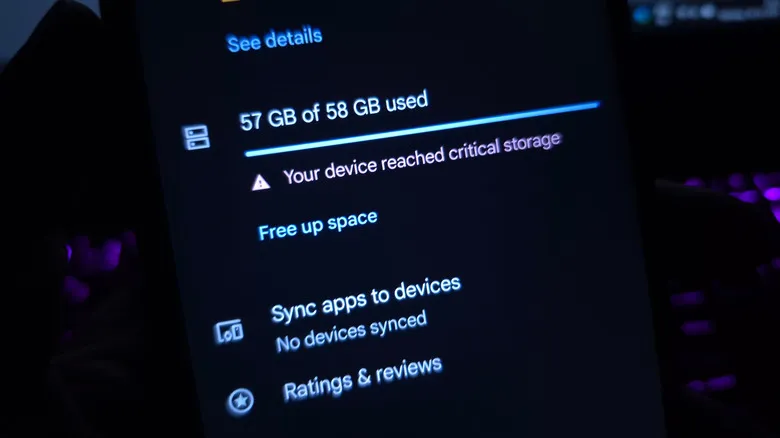 A smartphone showing a critical storage warning