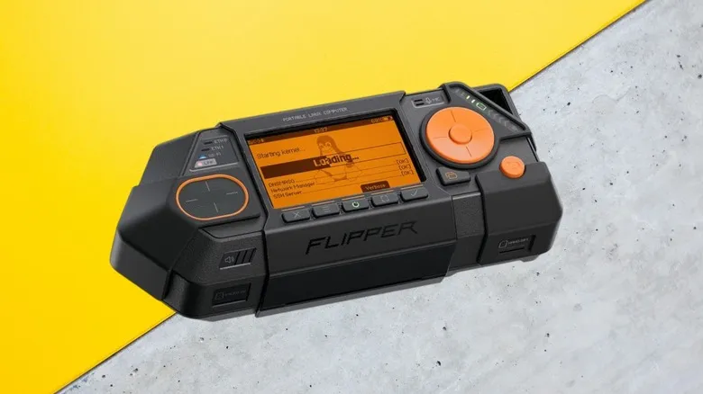 Flipper One on multi-color background with screen on.