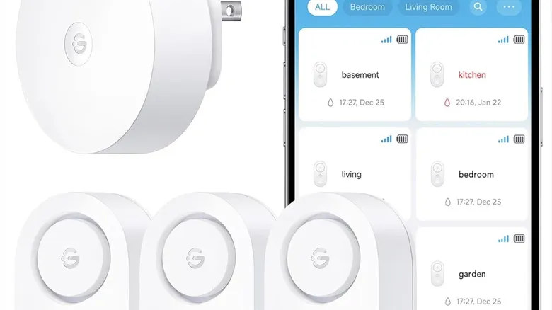 A cropped image of the GoveeLife gateway, three sensors, and a phone showing the app
