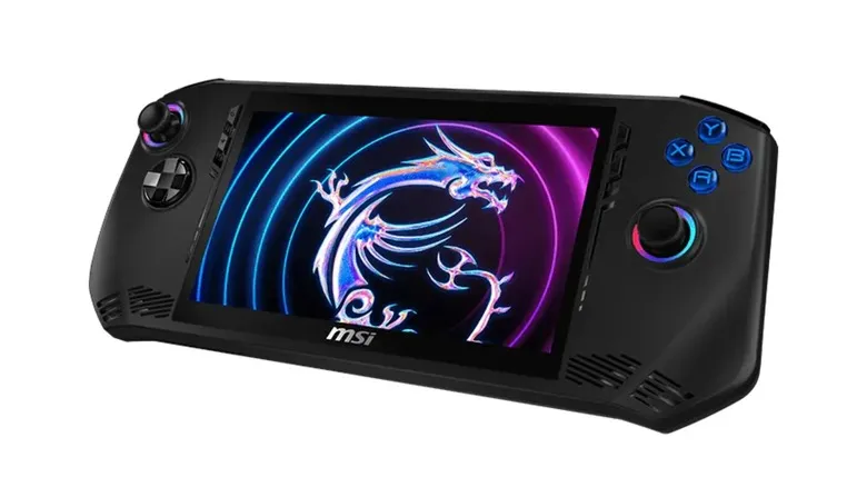 A black handheld gaming console, the MSI Claw A1M, on a white background