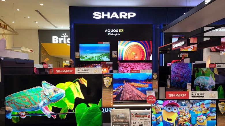A Sharp TV display area at a store.