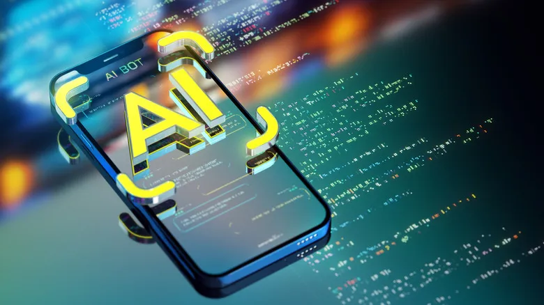 A close up of a generic phone showing yellow 'AI' framed in 3D over digitized text